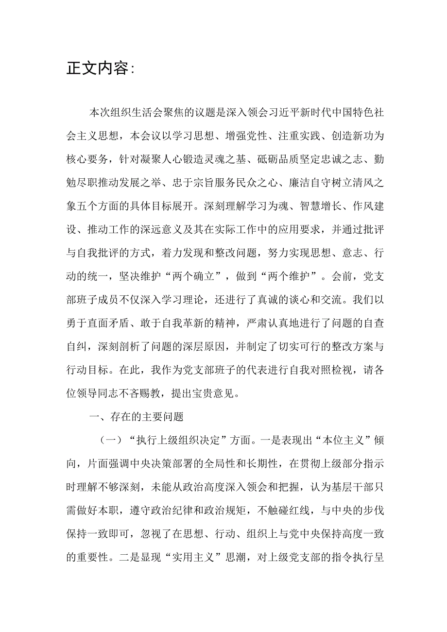 领导班子执行上级组织决定、严格组织生活、加强党员教育管理、联系服务群众、加强自身建设专题组织生活会对照检查材料.docx_第3页