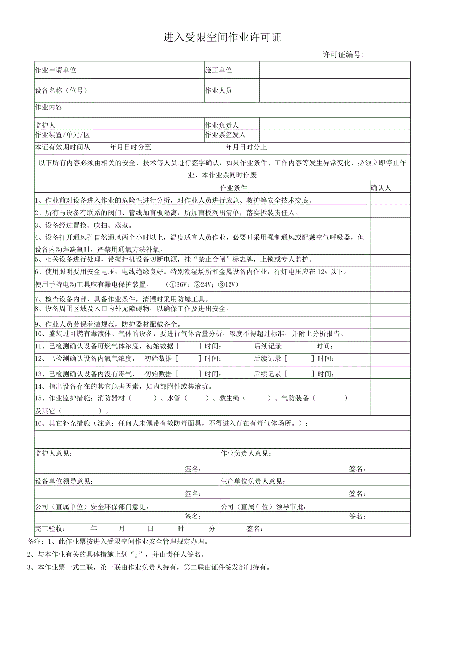 进入受限空间作业许可证.docx_第1页