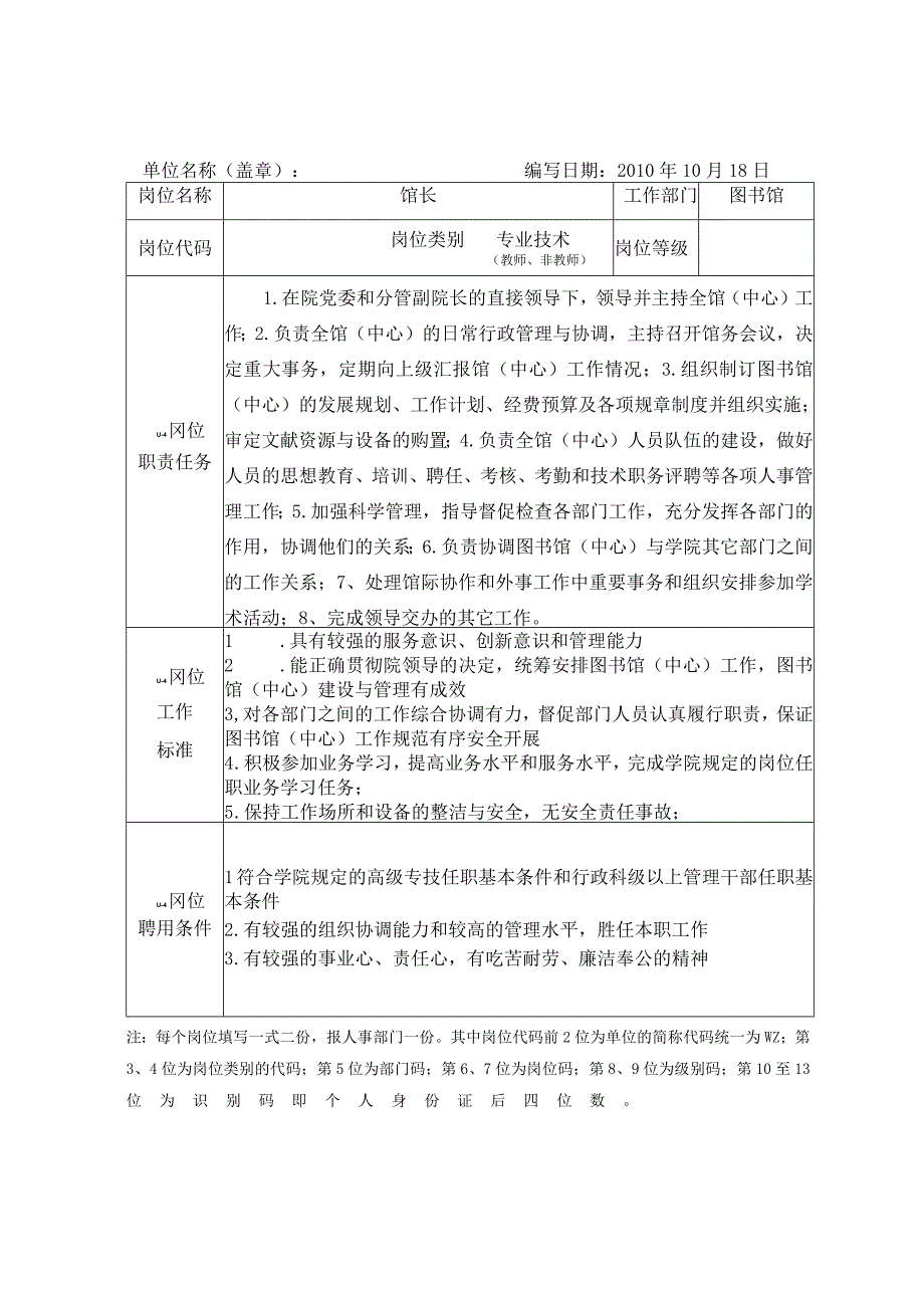 福建卫生职业技术学院岗位说明书单位名称盖章编写日期2010年10月18日图书馆.docx_第1页