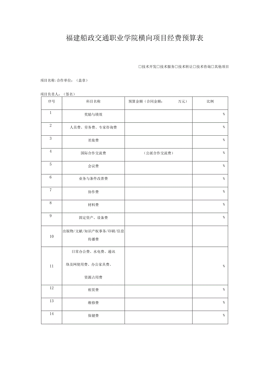 福建船政交通职业学院横向项目经费预算表.docx_第1页