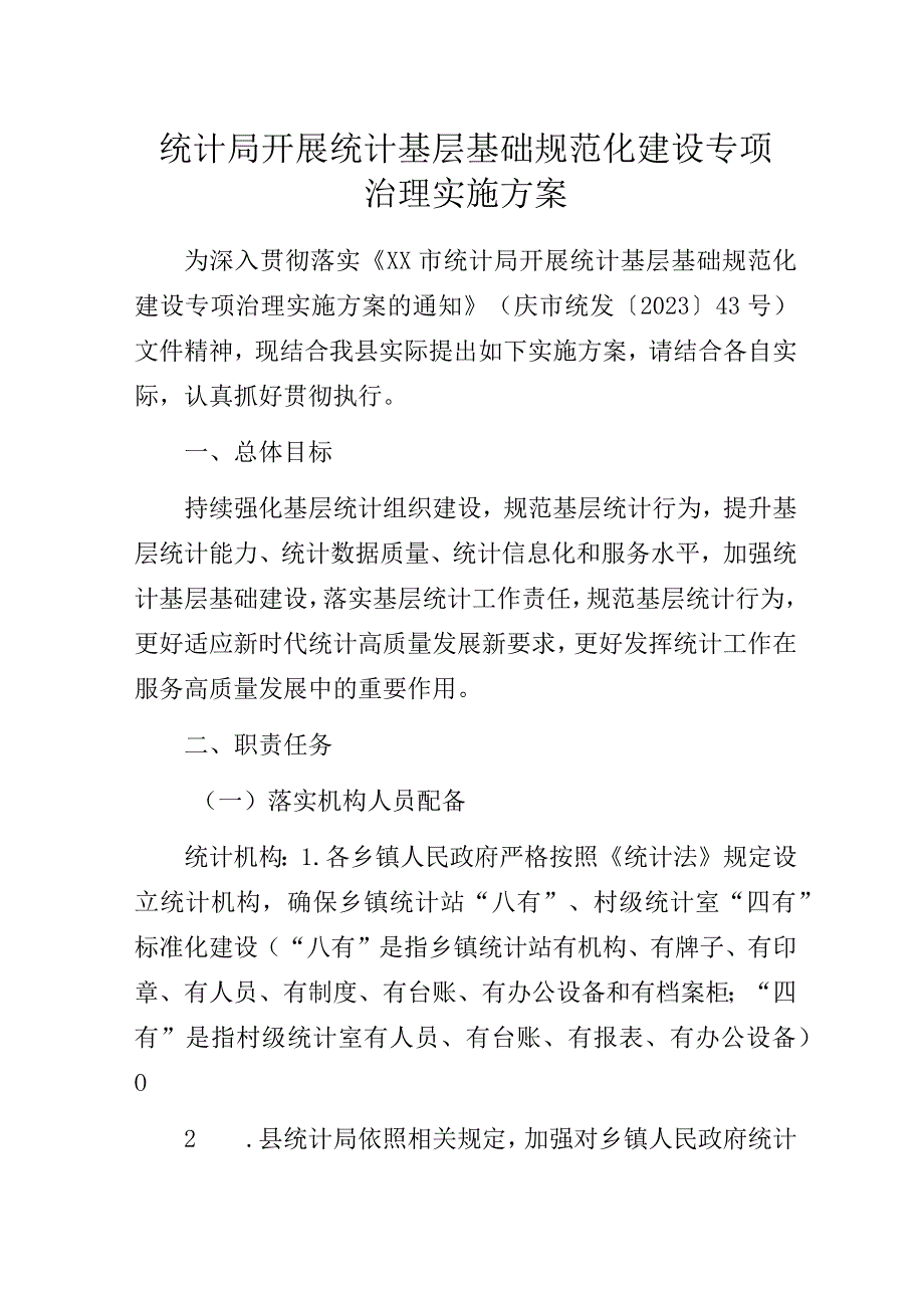 统计局开展统计基层基础规范化建设专项治理实施方案.docx_第1页