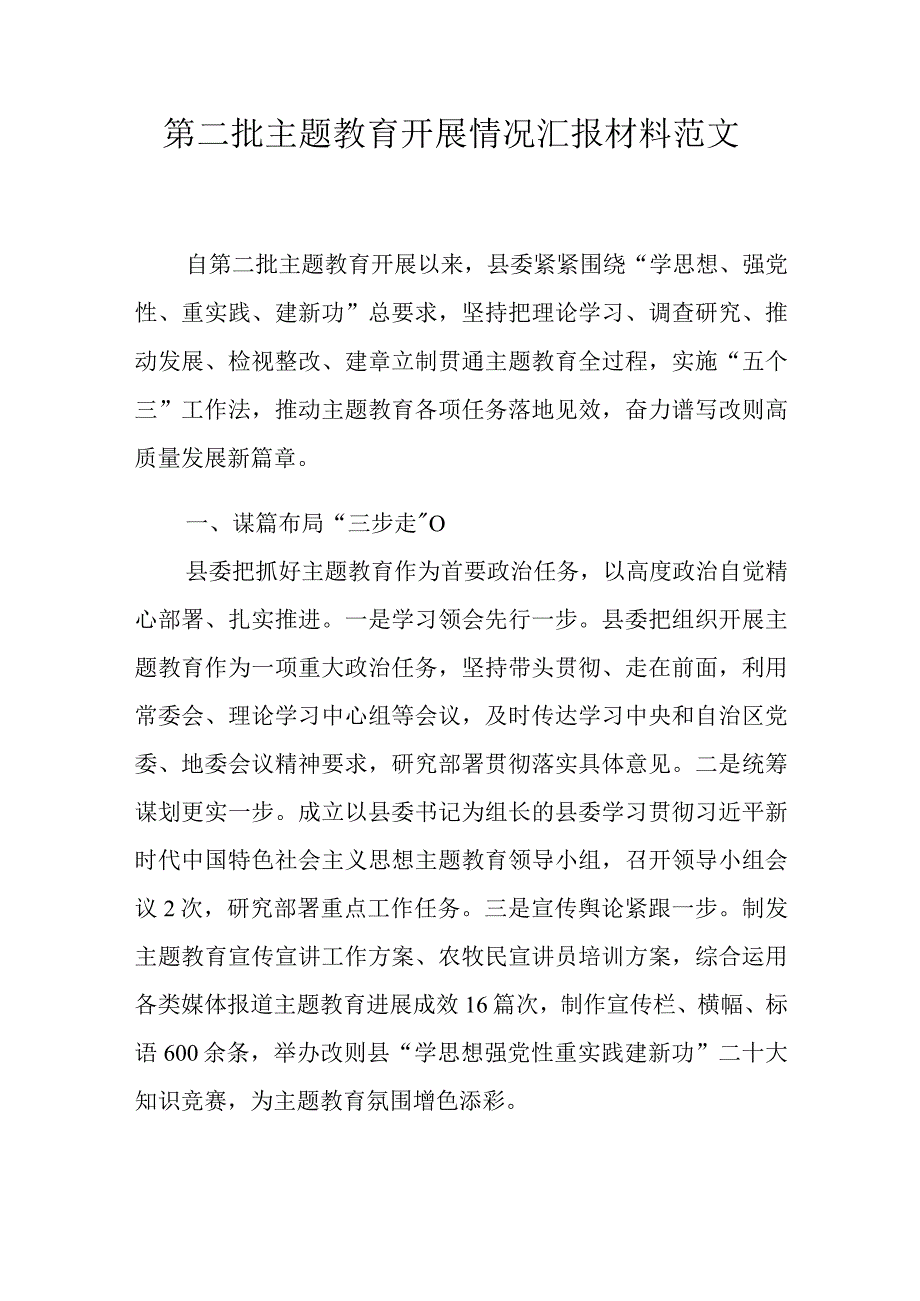 第二批主题教育开展情况汇报材料范文.docx_第1页