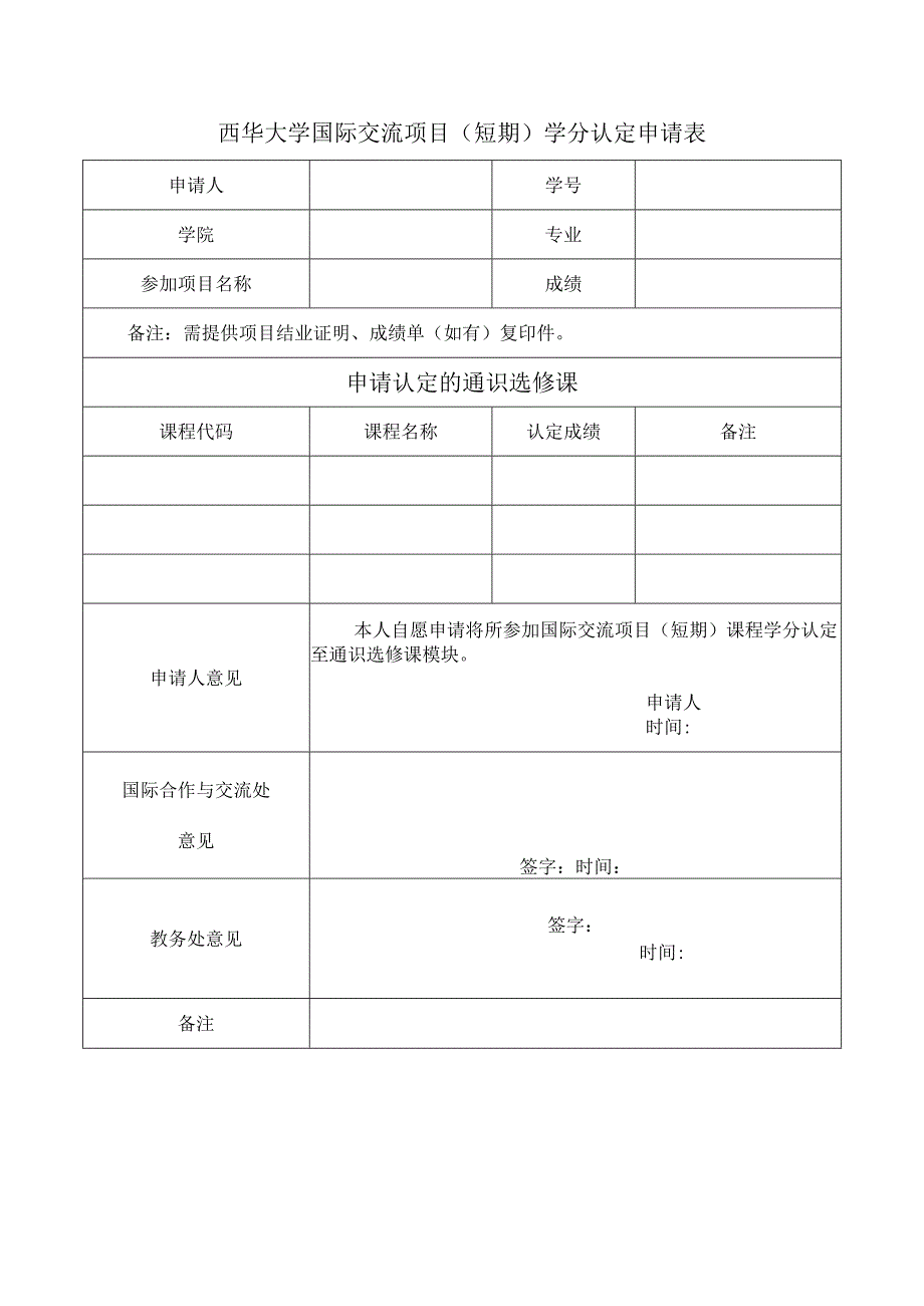 西华大学国际交流项目短期学分认定申请表.docx_第1页