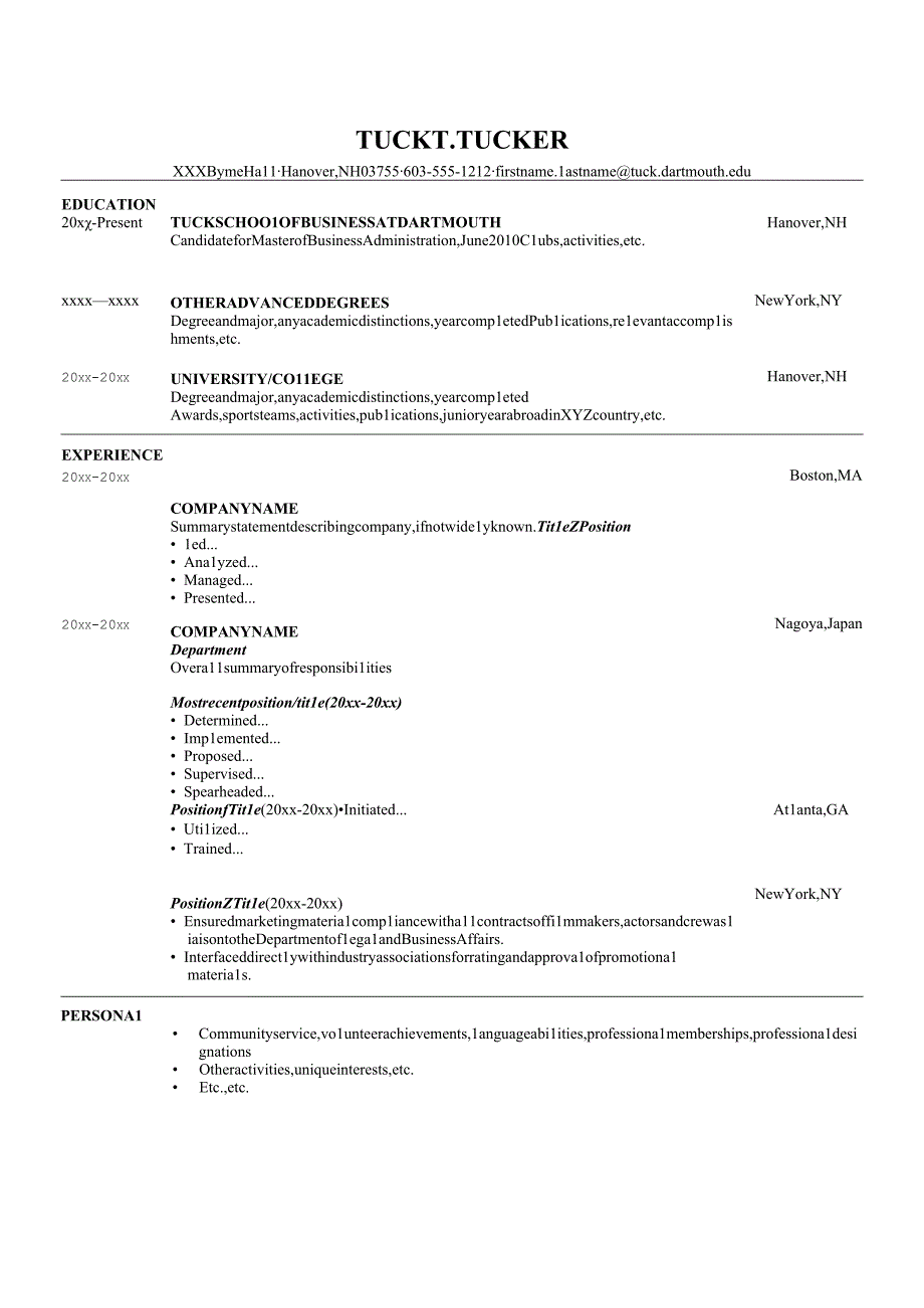 达特茅斯大学塔克商学院英文简历模板TUCK resume template.docx_第1页