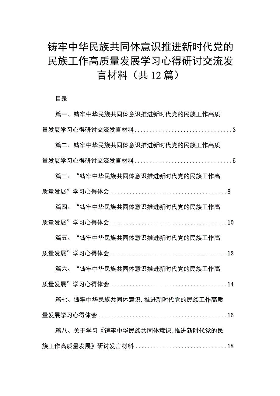 铸牢中华民族共同体意识推进新时代党的民族工作高质量发展学习心得研讨交流发言材料（共12篇）.docx_第1页