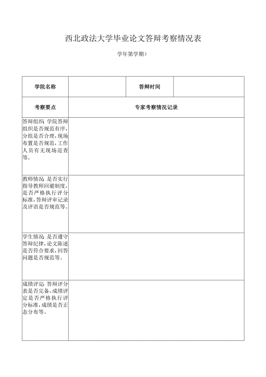 西北政法大学毕业论文答辩考察情况表.docx_第1页