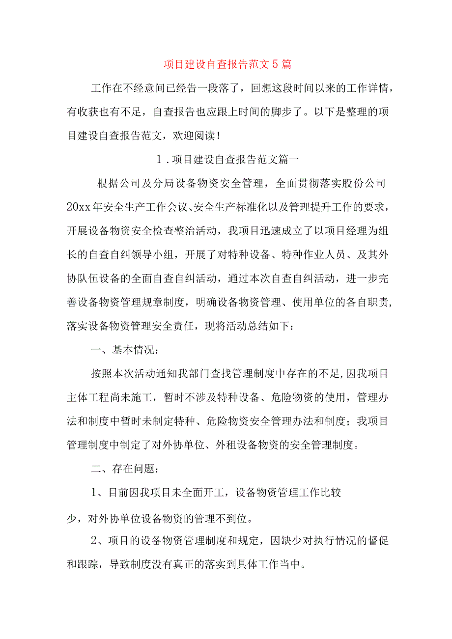 项目建设自查报告范文5篇.docx_第1页