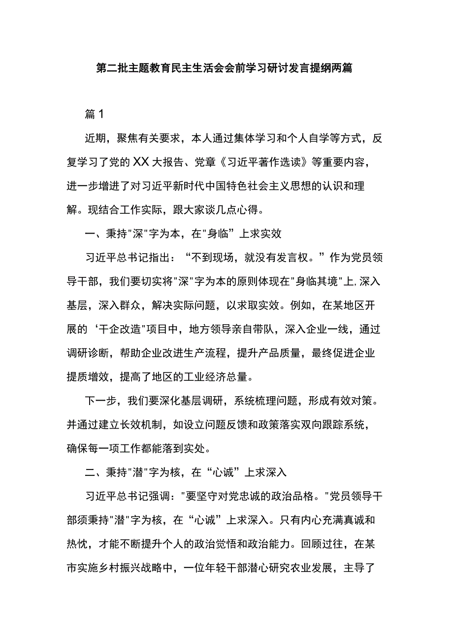 第二批主题教育民主生活会会前学习研讨发言提纲两篇.docx_第1页