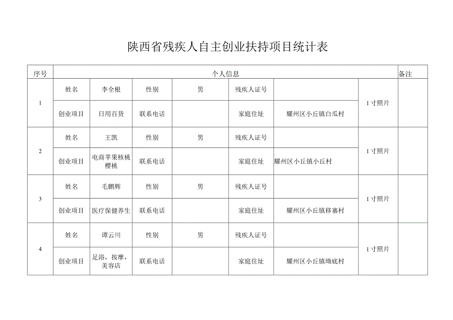 陕西省残疾人自主创业扶持项目统计表.docx_第1页