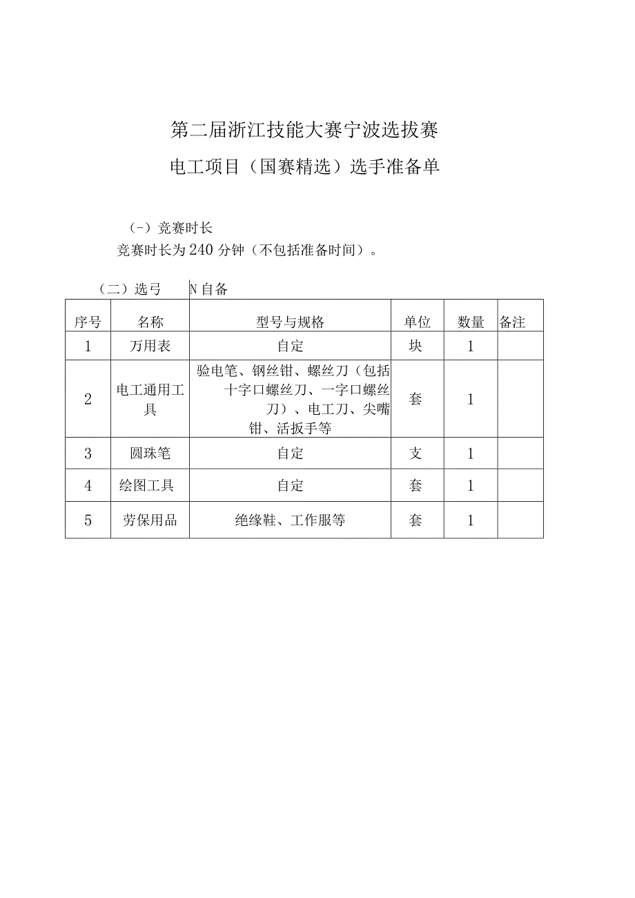 第二届浙江技能大赛宁波选拔赛电工项目国赛精选选手准备单.docx_第1页