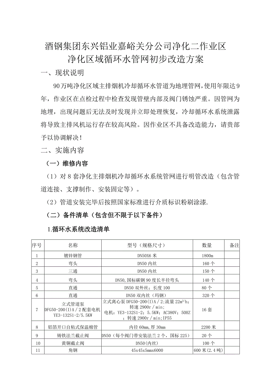 酒钢集团东兴铝业嘉峪关分公司净化二作业区净化区域循环水管网初步改造方案.docx_第1页