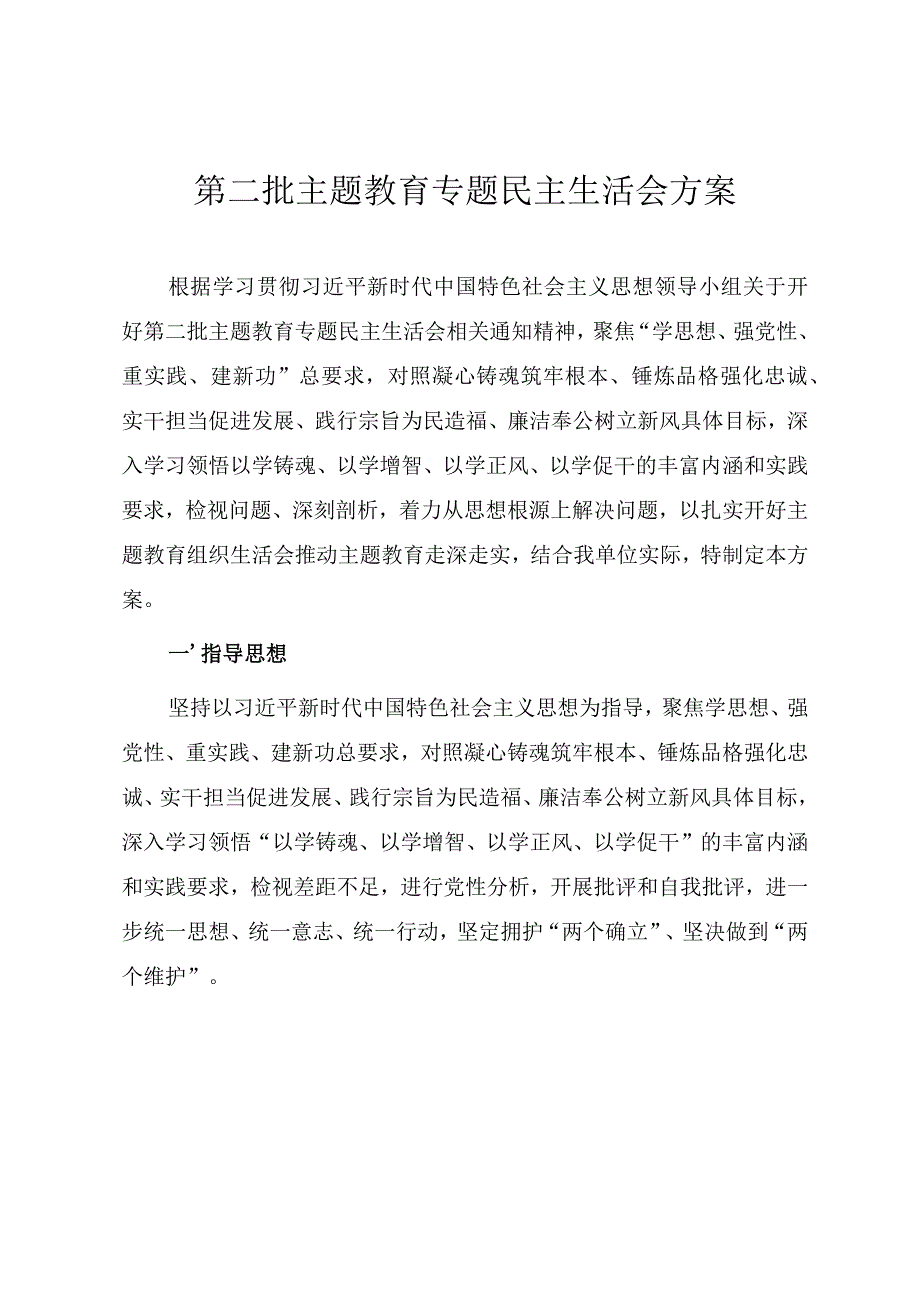 第二批主题教育民主生活会实施方案.docx_第1页