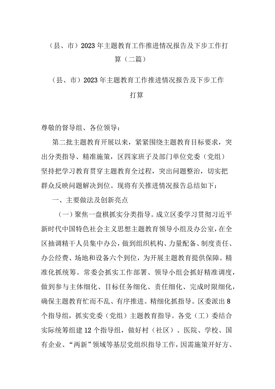 （县、市）2023年主题教育工作推进情况报告及下步工作打算（二篇）.docx_第1页