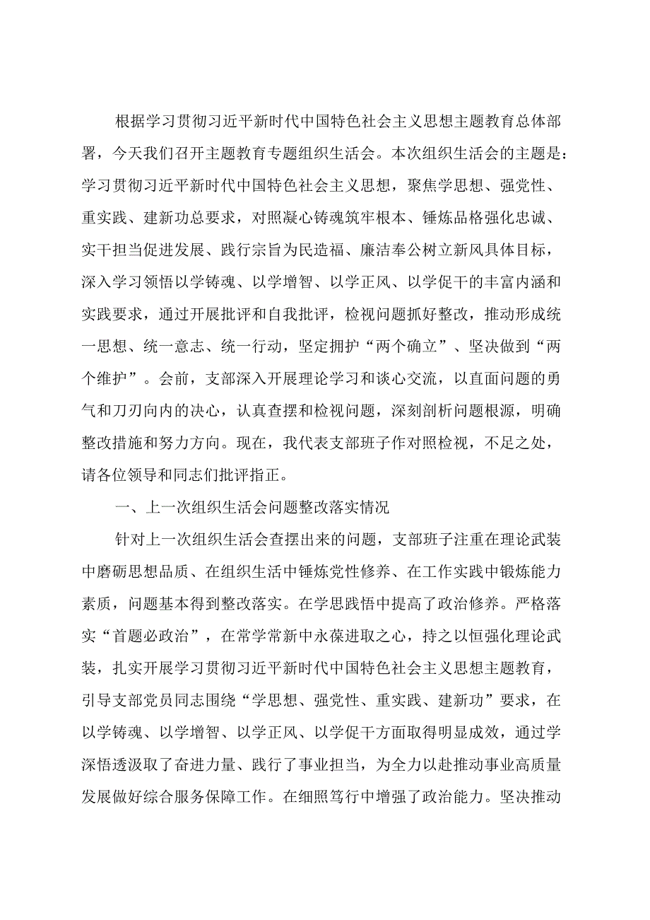 （支部班子）主题教育专题组织生活会党支部对照检查7000字（含会前准备情况、安全生产类典型案例剖.docx_第1页