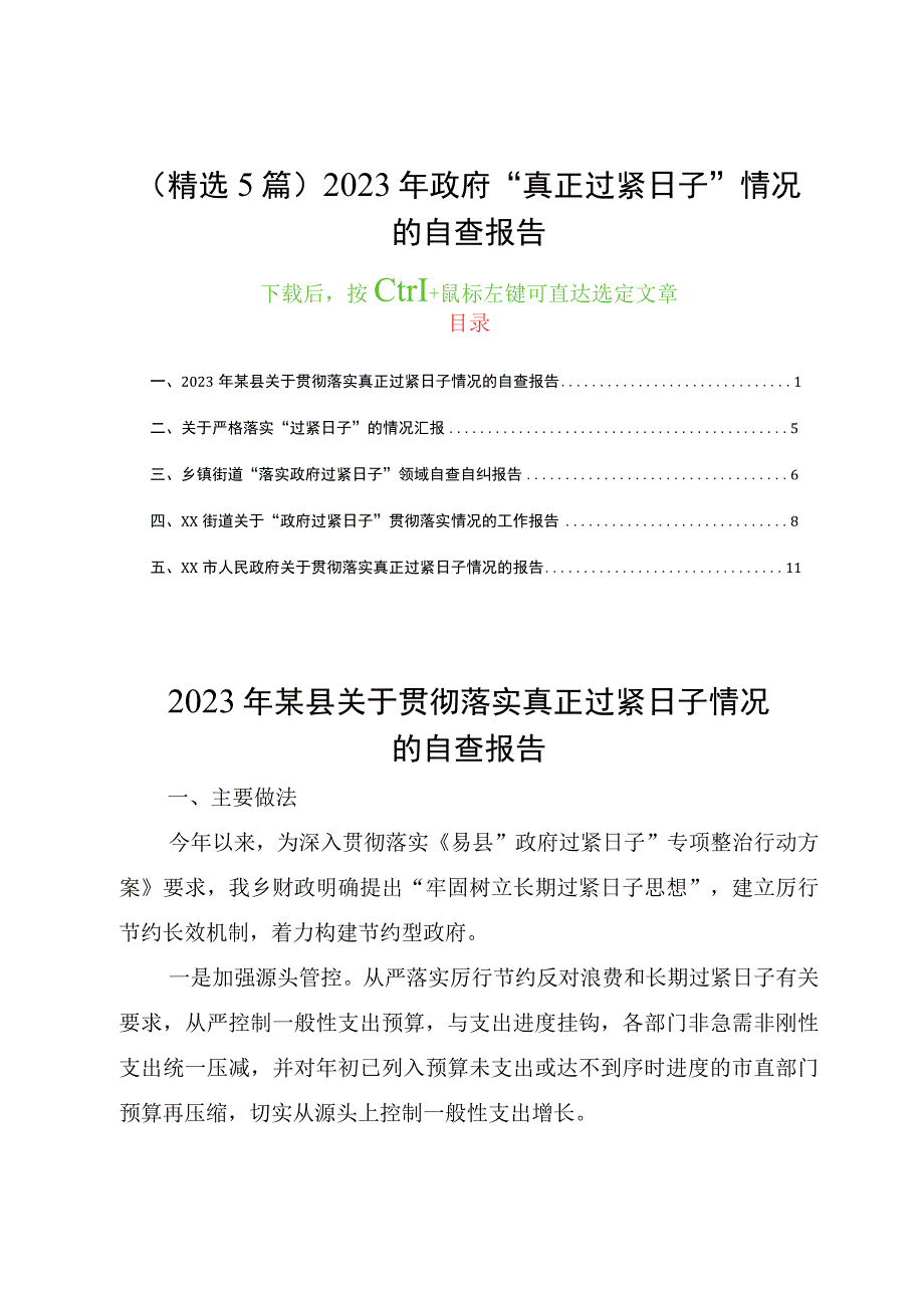 （精选5篇）2023年政府“真正过紧日子”情况的自查报告（市、县、乡镇街道）“落实政府过紧日子”.docx_第1页