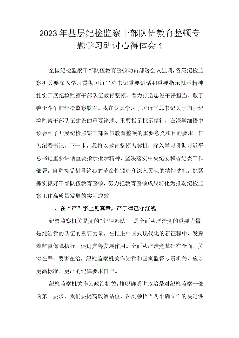 （精选2篇）2023年基层纪检监察干部队伍教育整顿谈心得体会及研讨发言材料.docx_第2页