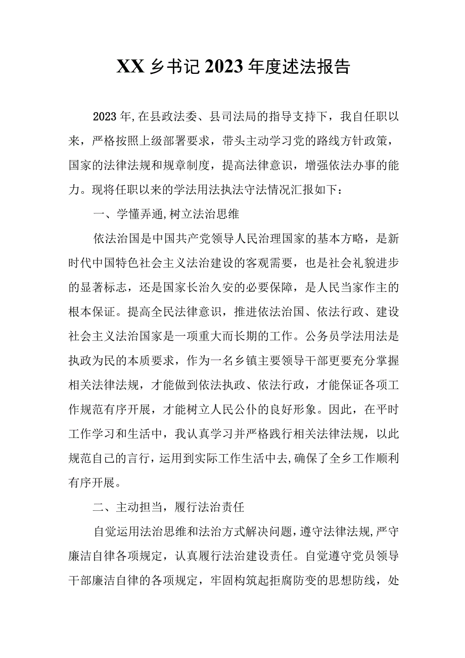 XX乡书记2023年度述法报告.docx_第1页