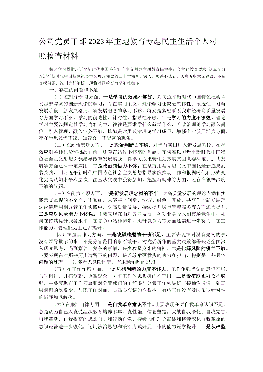 公司党员干部2023年主题教育专题民主生活个人对照检查材料.docx_第1页