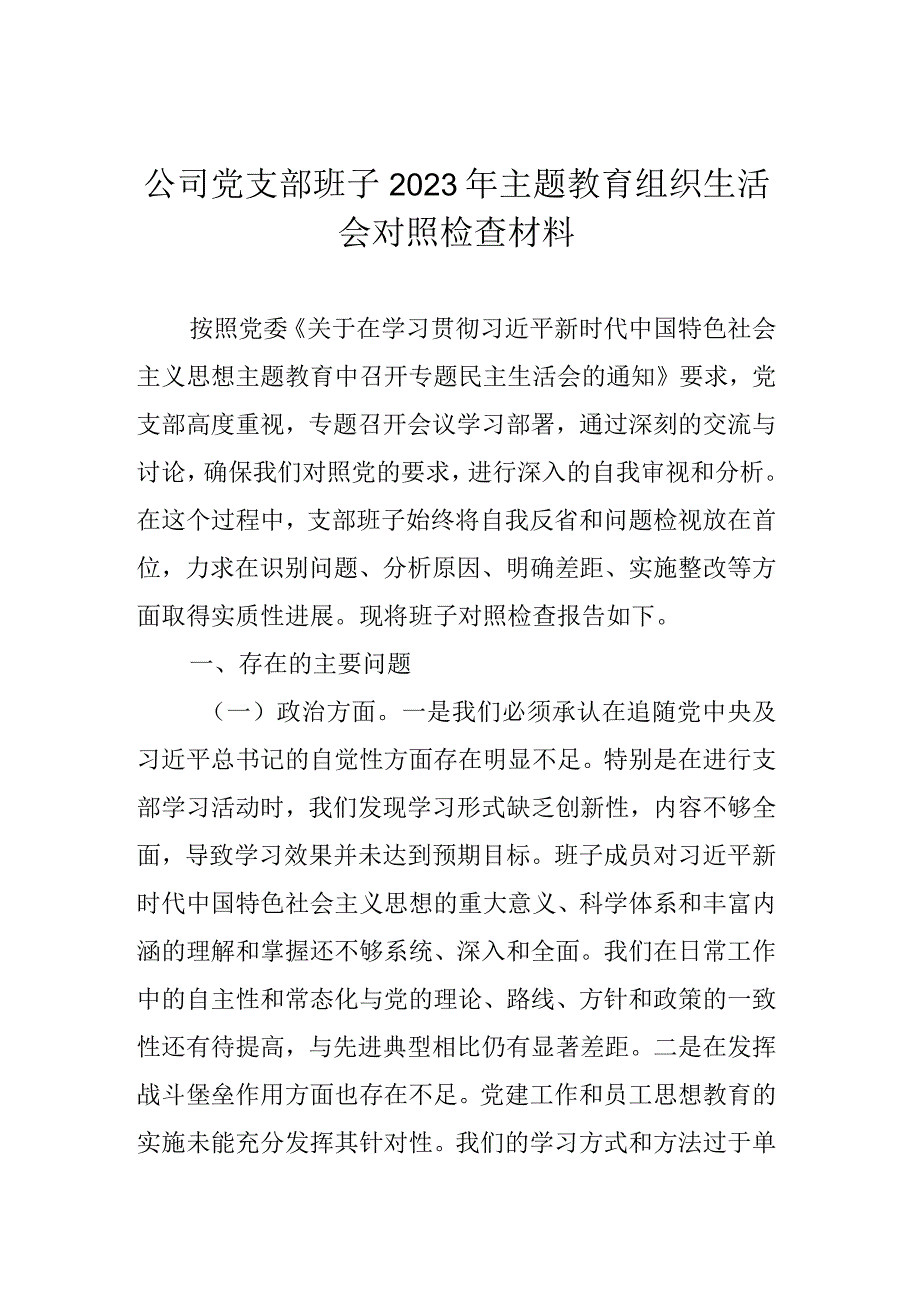 公司党支部班子2023年主题教育组织生活会对照检查材料.docx_第1页