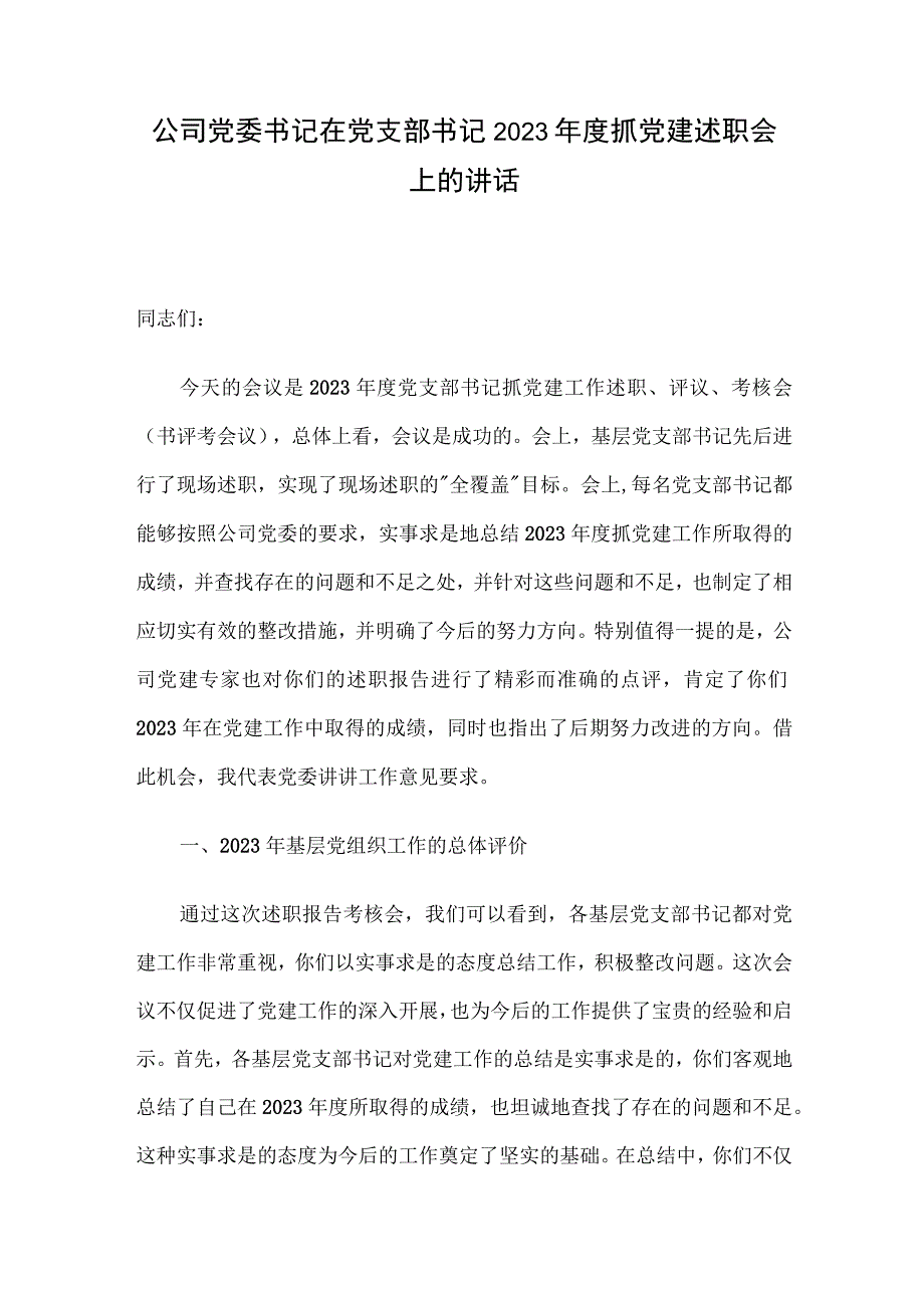 公司党委书记在党支部书记2023年度抓党建述职会上的讲话.docx_第1页