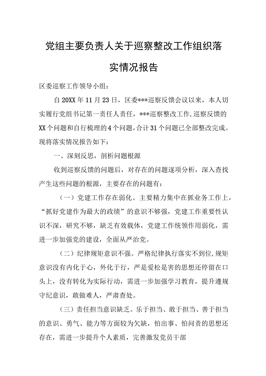 党组主要负责人关于巡察整改工作组织落实情况报告.docx_第1页