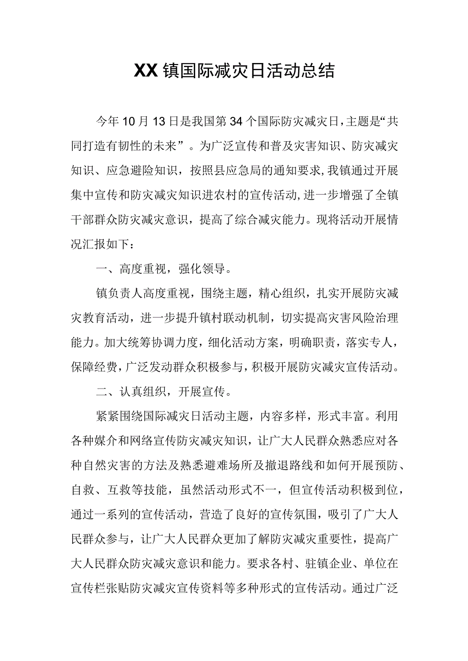 XX镇国际减灾日活动总结.docx_第1页