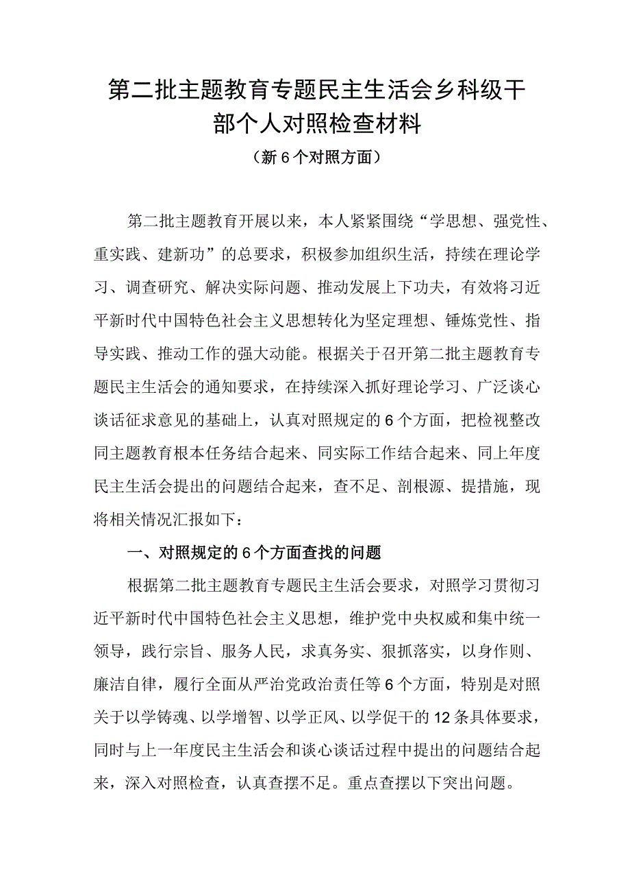 乡镇干部乡科级领导维护党中央权威和集中统一领导、践行宗旨服务人民、求真务实狠抓落实、以身作则廉洁自律等六个方面民主生活会个人对照发言提纲.docx_第2页