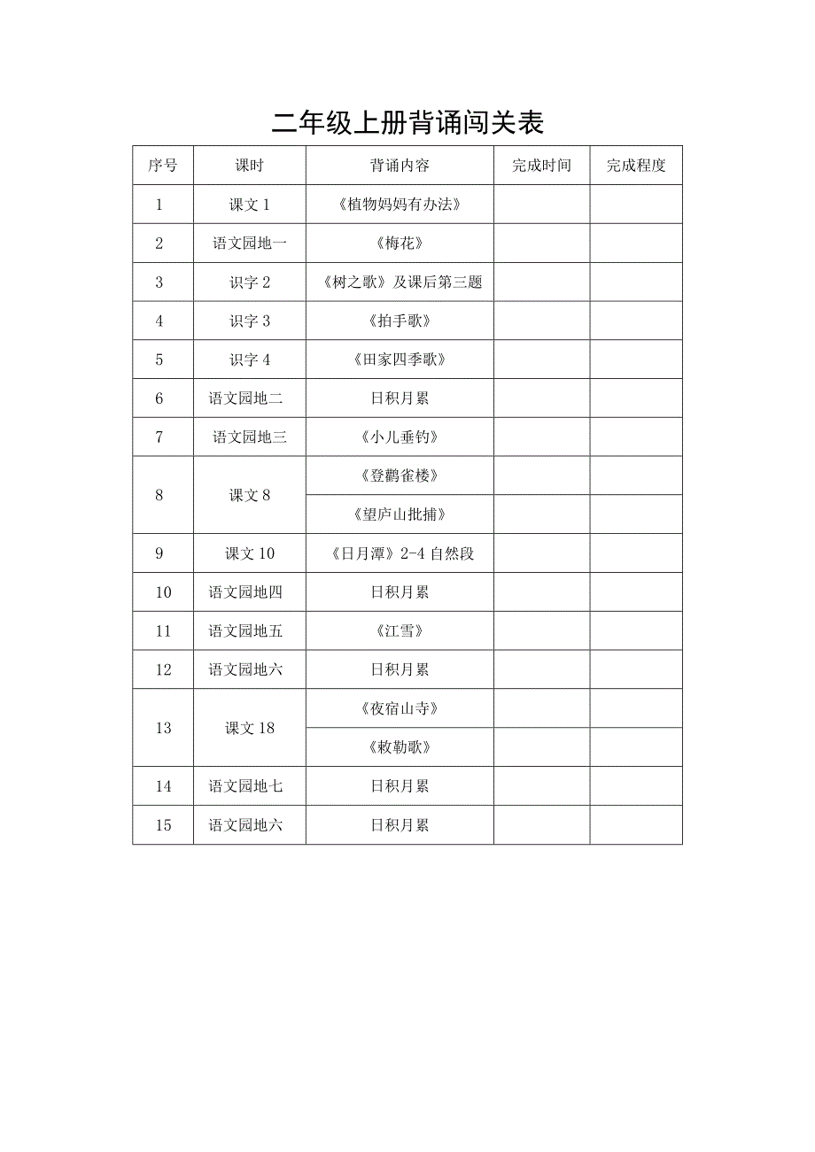 二年级上册背诵闯关表.docx_第1页