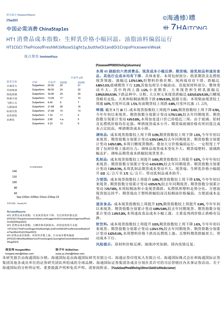 【生鲜预制菜市场报告】中国必需消费行业：HTI消费品成本指数生鲜乳价格小幅回温油脂油料偏弱运行-.docx_第1页