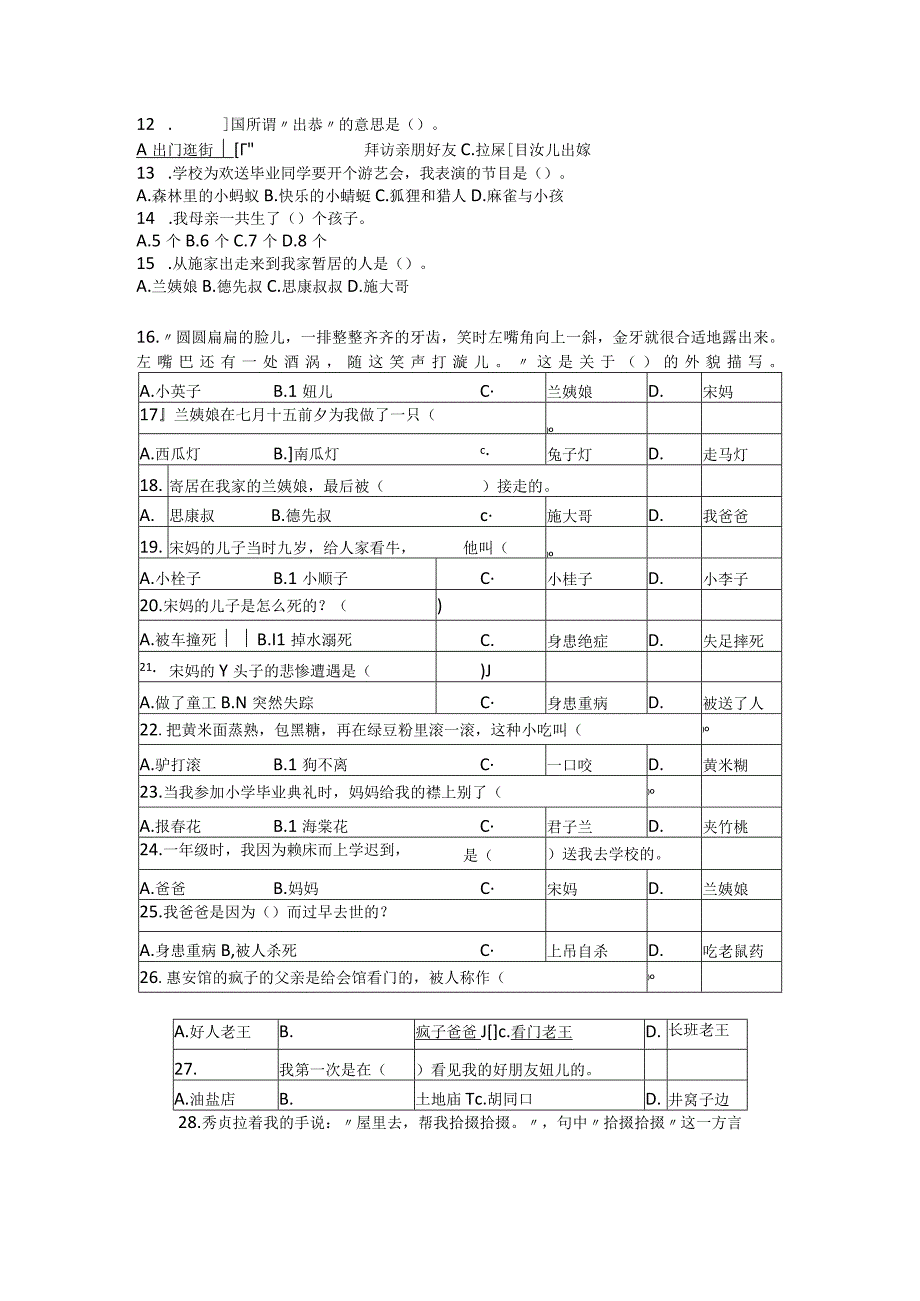 六灶学校六年级上册课外阅读测试题.docx_第2页