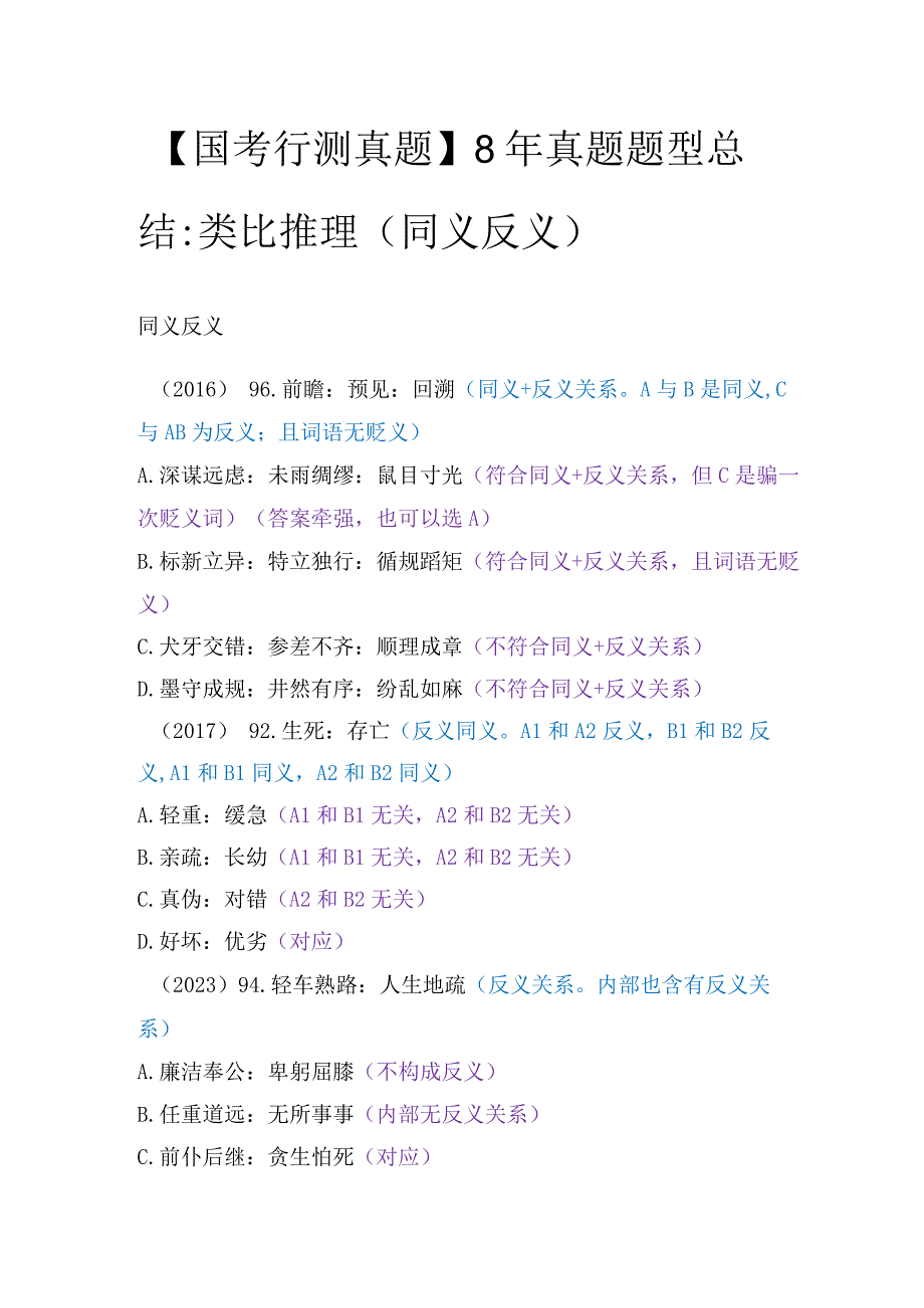 【国考行测真题】8年真题题型总结：类比推理（同义反义）.docx_第1页