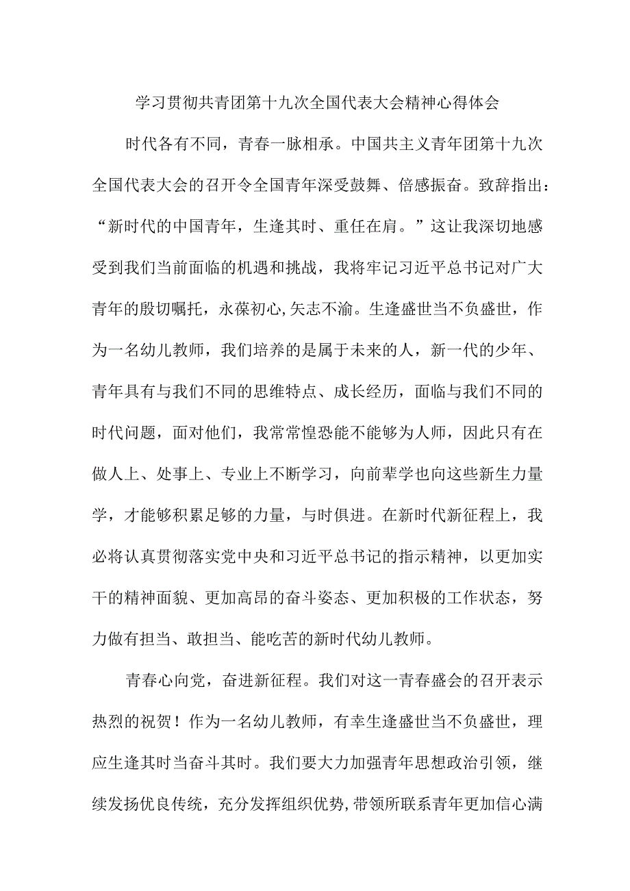 民营单位学习贯彻共青团第十九次全国代表大会精神个人心得体会 5份.docx_第1页