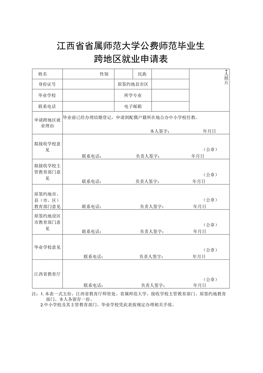 江西省省属师范大学公费师范毕业生跨地区就业申请表.docx_第1页