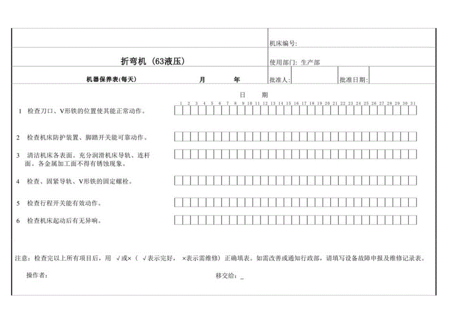 折弯机63液压设备维护保养点检表.docx_第1页