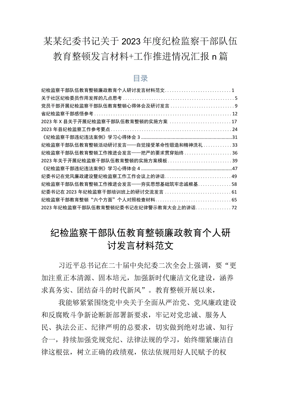 某某纪委书记关于2023年度纪检监察干部队伍教育整顿发言材料+工作推进情况汇报n篇.docx_第1页