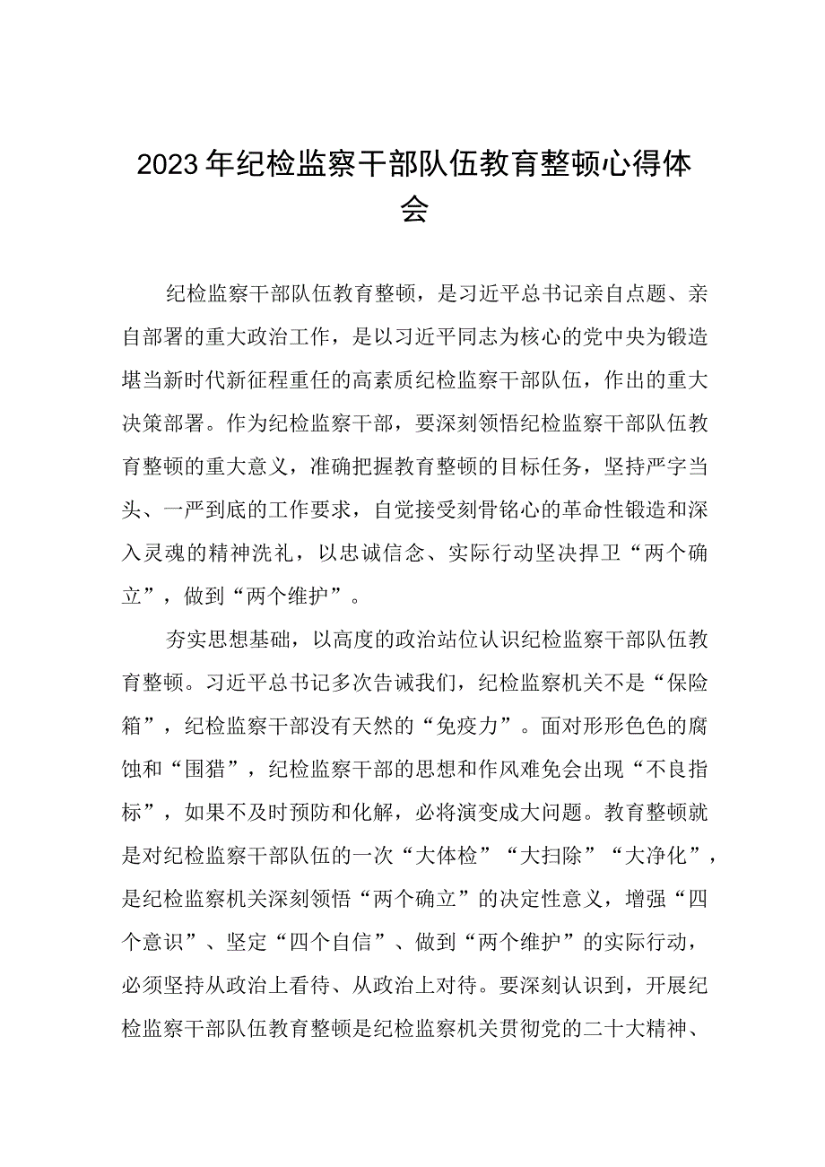 最新版2023年全国纪检监察干部队伍教育整顿心得体会两篇.docx_第1页