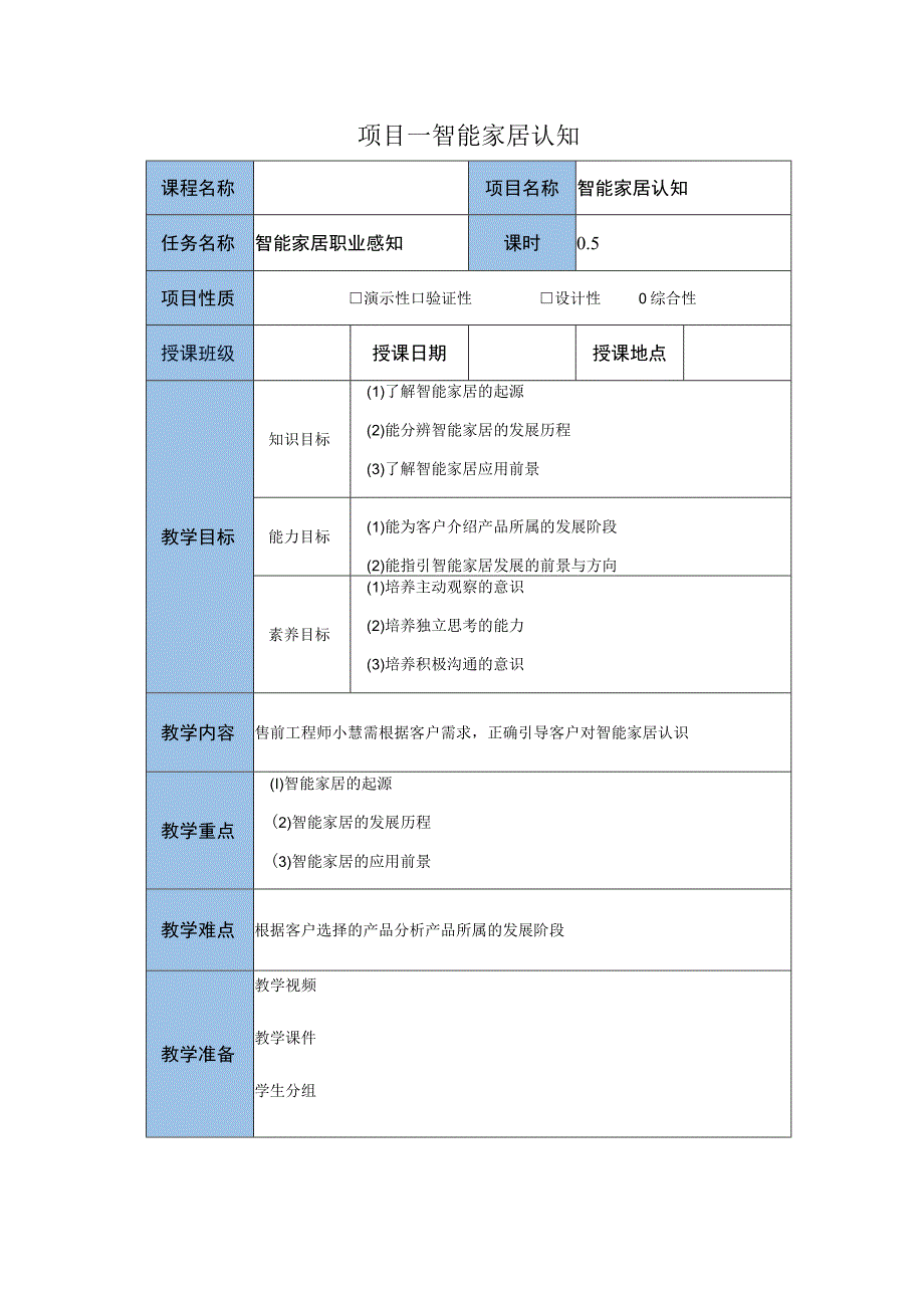 智能家居设备安装与调试 教案全套 人大 项目一 智能家居认知 任务一：智能家居职业感知72 三居室智能家居的设计安装与调试.docx_第1页