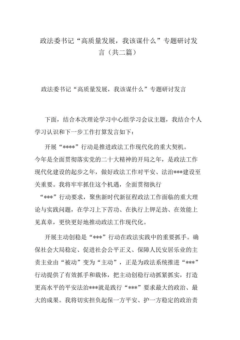 政法委书记高质量发展我该谋什么专题研讨发言共二篇.docx_第1页