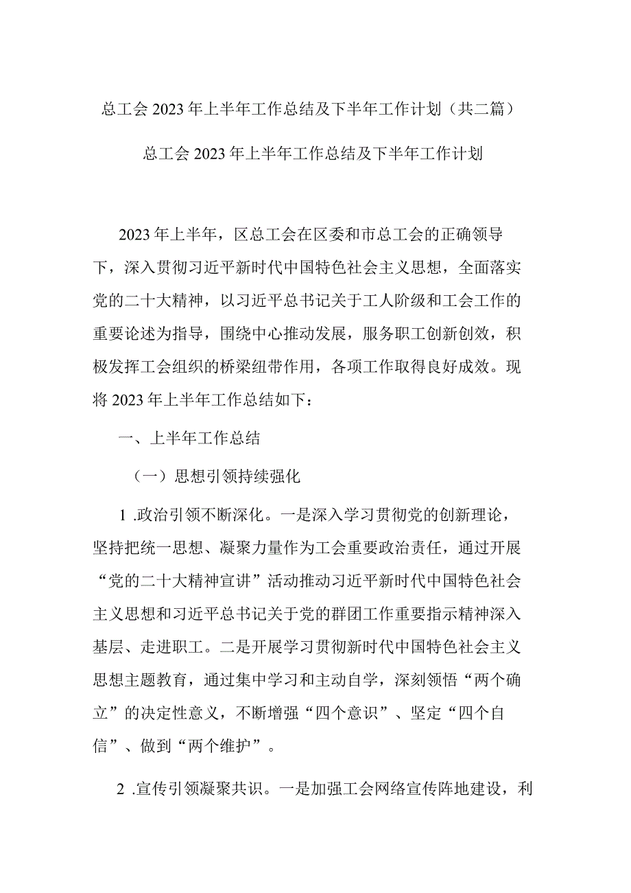 总工会2023年上半年工作总结及下半年工作计划共二篇.docx_第1页