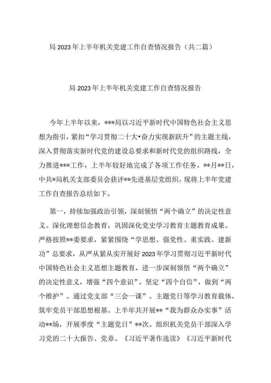 局2023年上半年机关党建工作自查情况报告共二篇.docx_第1页