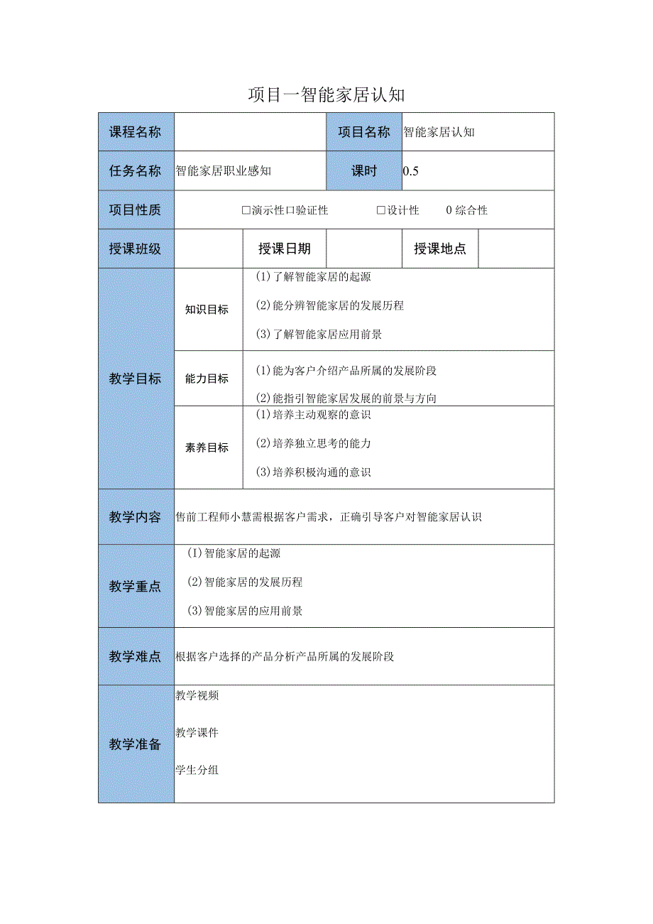 智能家居设备安装与调试 教案 项目一 智能家居认知 任务一：智能家居职业感知 教案.docx_第1页