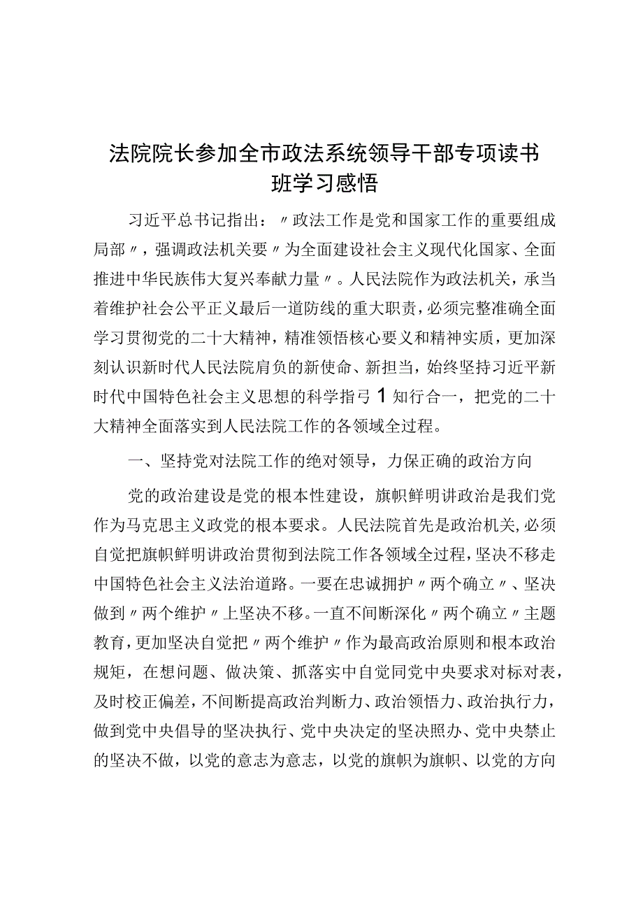 法院院长参加全市政法系统领导干部专题读书班学习感悟.docx_第1页