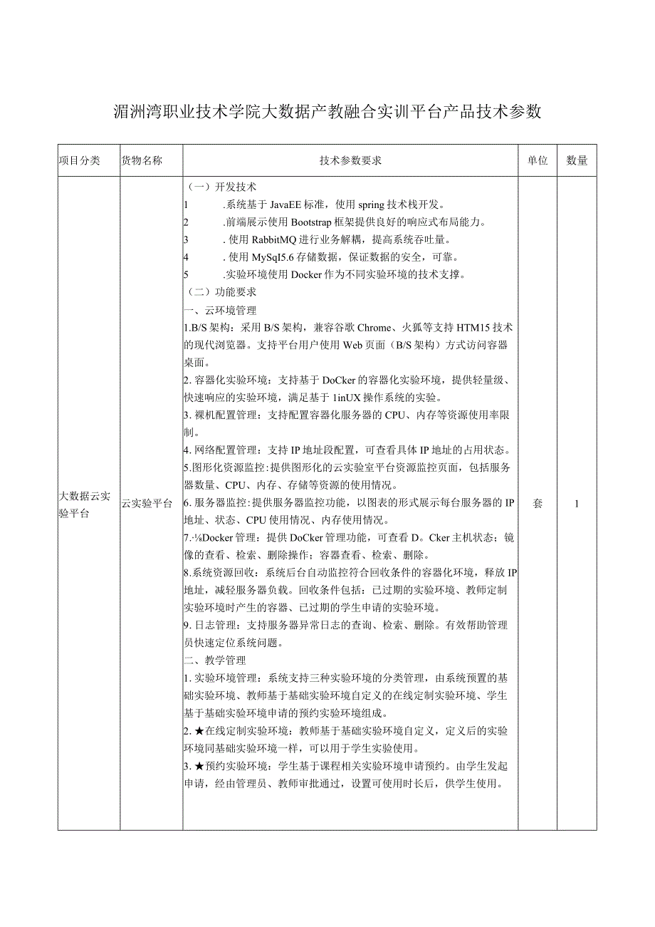 湄洲湾职业技术学院大数据产教融合实训平台产品技术参数.docx_第1页