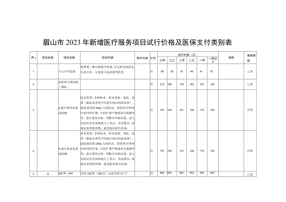 眉山市2023年新增医疗服务项目试行价格及医保支付类别表.docx_第1页