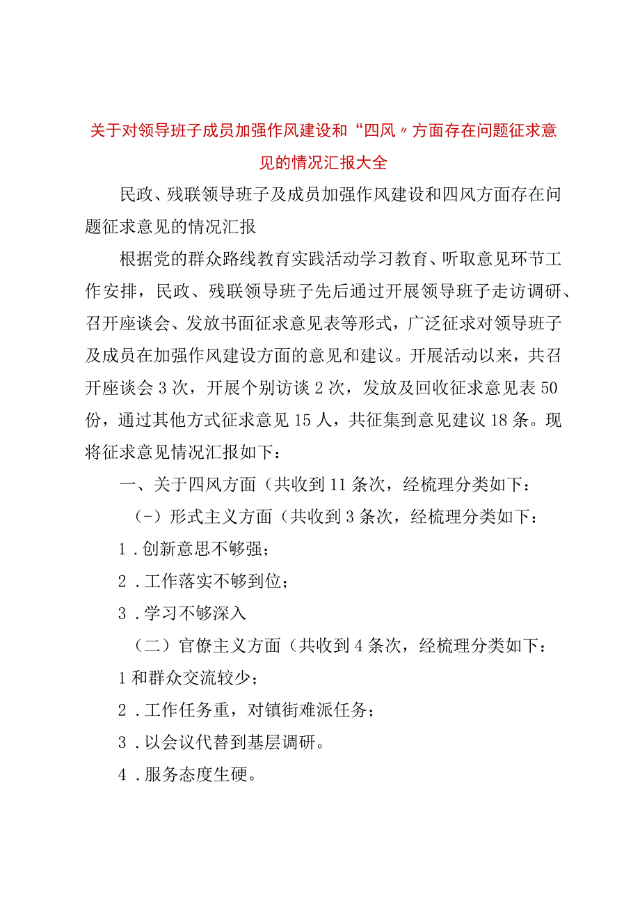 精品文档关于对领导班子成员加强作风建设和四风方面存在问题征求意见的情况汇报大全整理版.docx_第1页