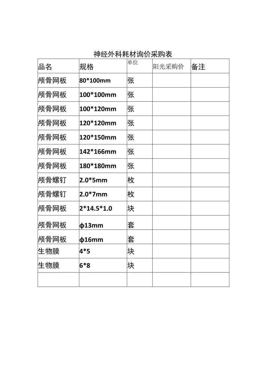 神经外科耗材询价采购表.docx_第1页