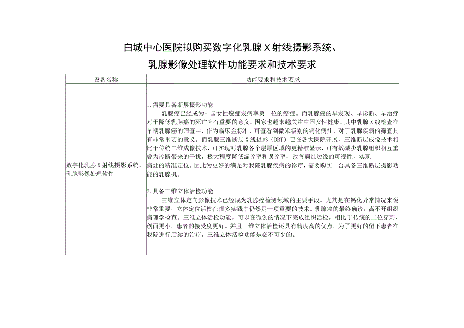 白城中心医院拟购买数字化乳腺X射线摄影系统乳腺影像处理软件功能要求和技术要求.docx_第1页