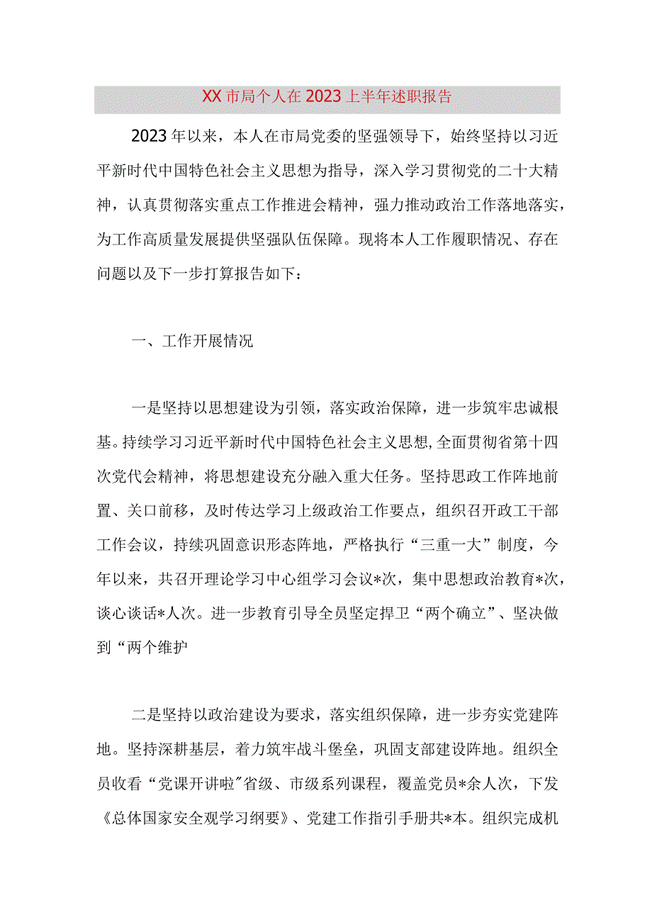 精品公文XX市局个人在2023上半年述职报告最终版.docx_第1页