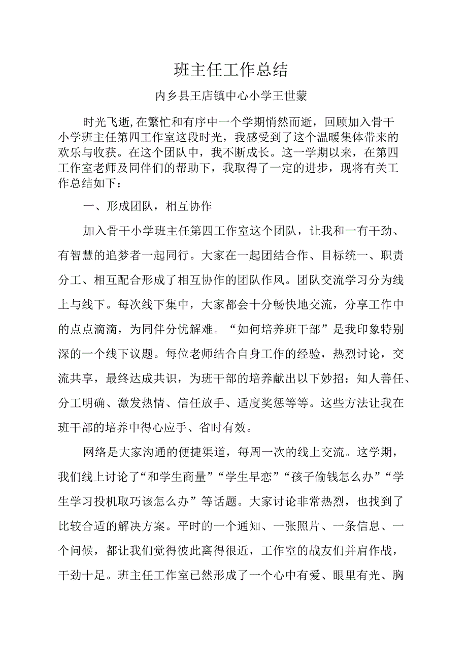 王世蒙 班主任工作总结.docx_第1页