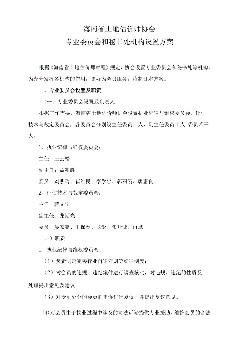 海南省土地估价师协会专业委员会和秘书处机构设置方案.docx_第1页